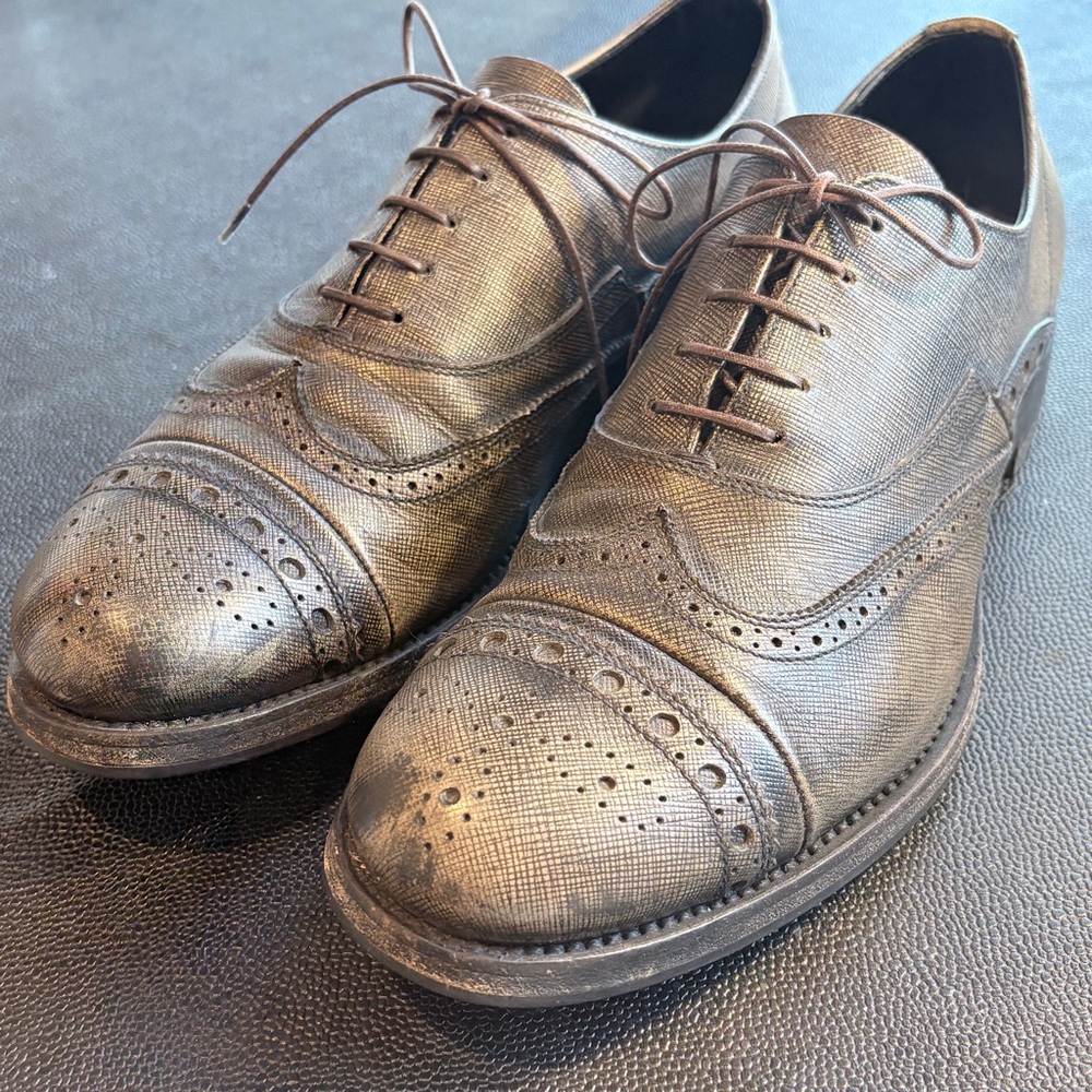 Prada Dark Olive Grained Leather Distressed Look Oxfords